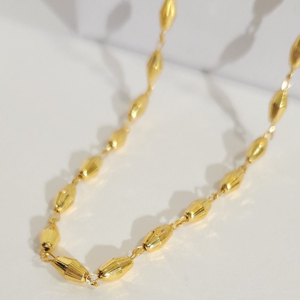 Gold Plated Textured Barrel Beaded Chain Link Necklace 26" Long